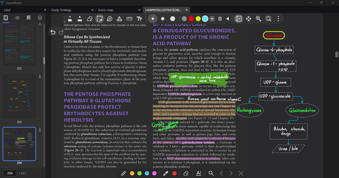 Dark PDF view with adapted document colors, annotations and page thumbnails