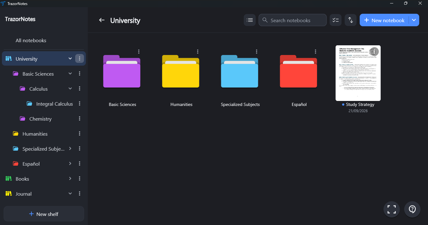 TrazorNotes home screen showing shelves, folders and notebooks