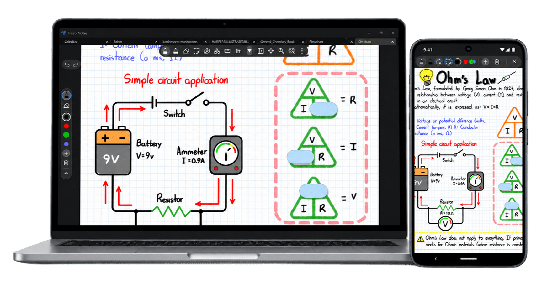 TrazorNotes showing handwritten circuit notes on a Windows laptop and an Android phone